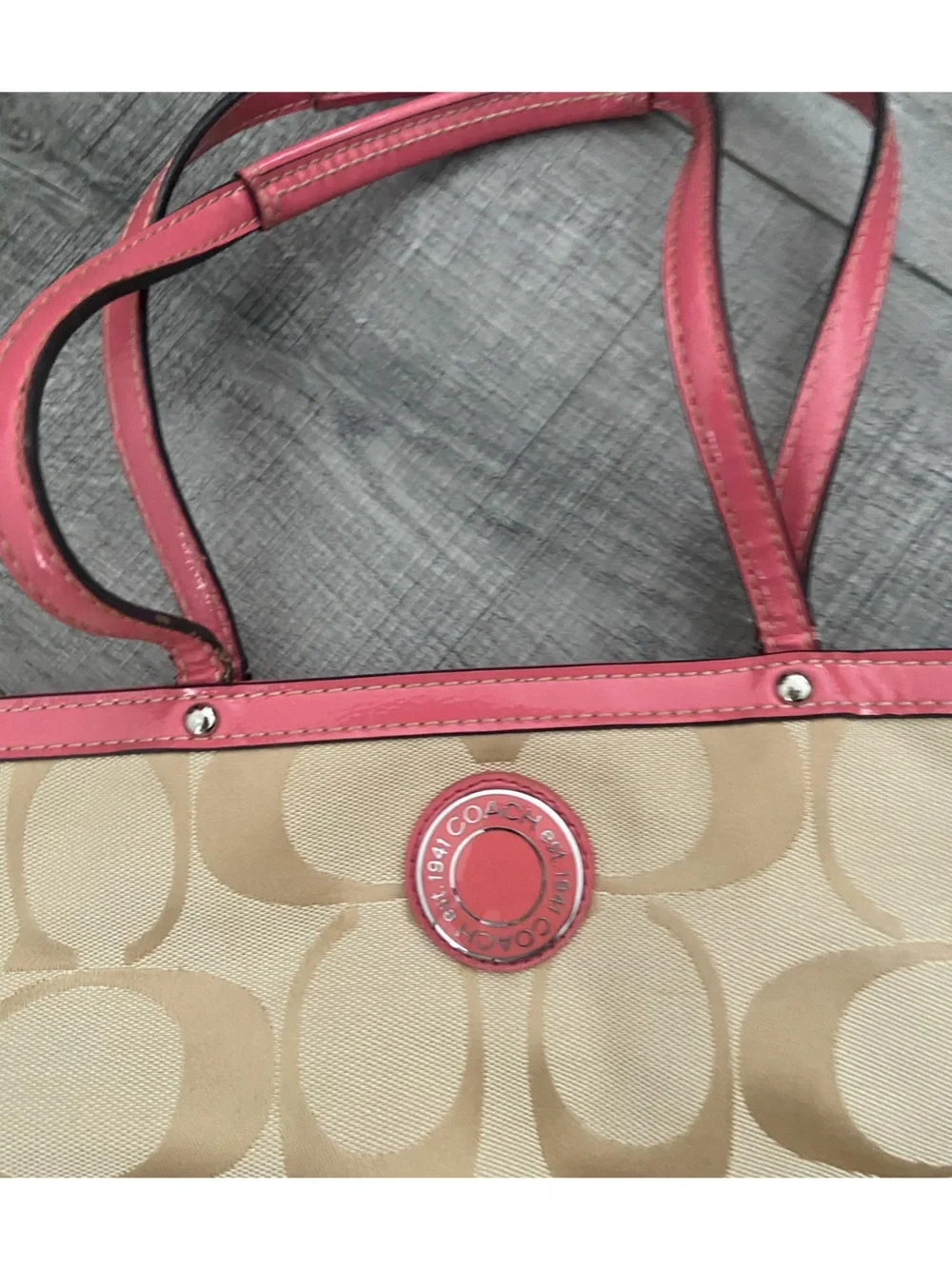 Coach Beige Signature Tote with Coral Pink Trim